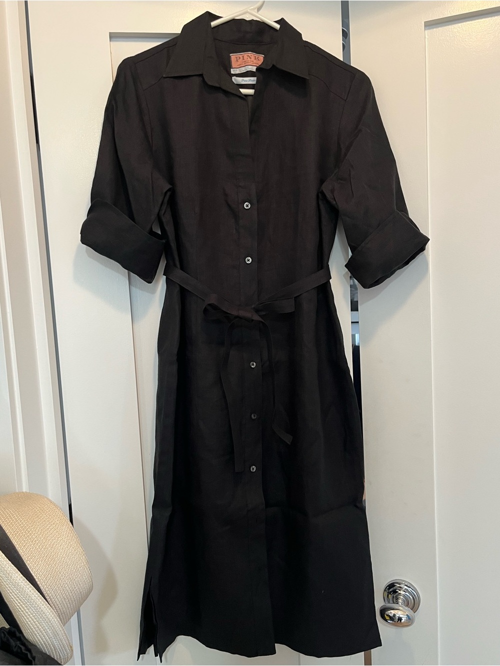 Thomas Pink Black Midi Shirt Dress with Self-Tie Waist